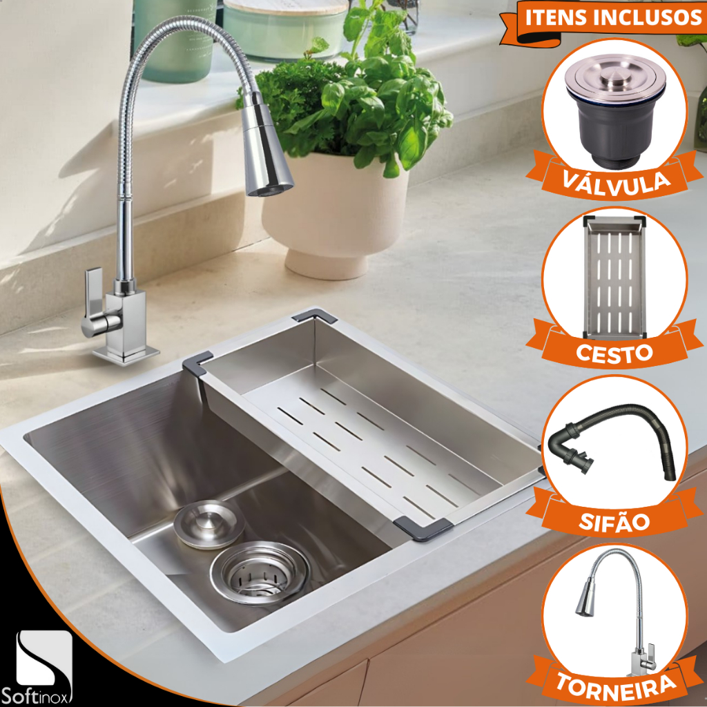 Kit Cuba Cozinha Gourmet Quadrada 44×44 Inox 304 Escovada Completa Com Torneira 1/4 de Volta Cromada Kit Cuba Cozinha Gourmet Quadrada 44×44 Inox 304 Escovada Completa Com Torneira 1/4 de Volta Cromada