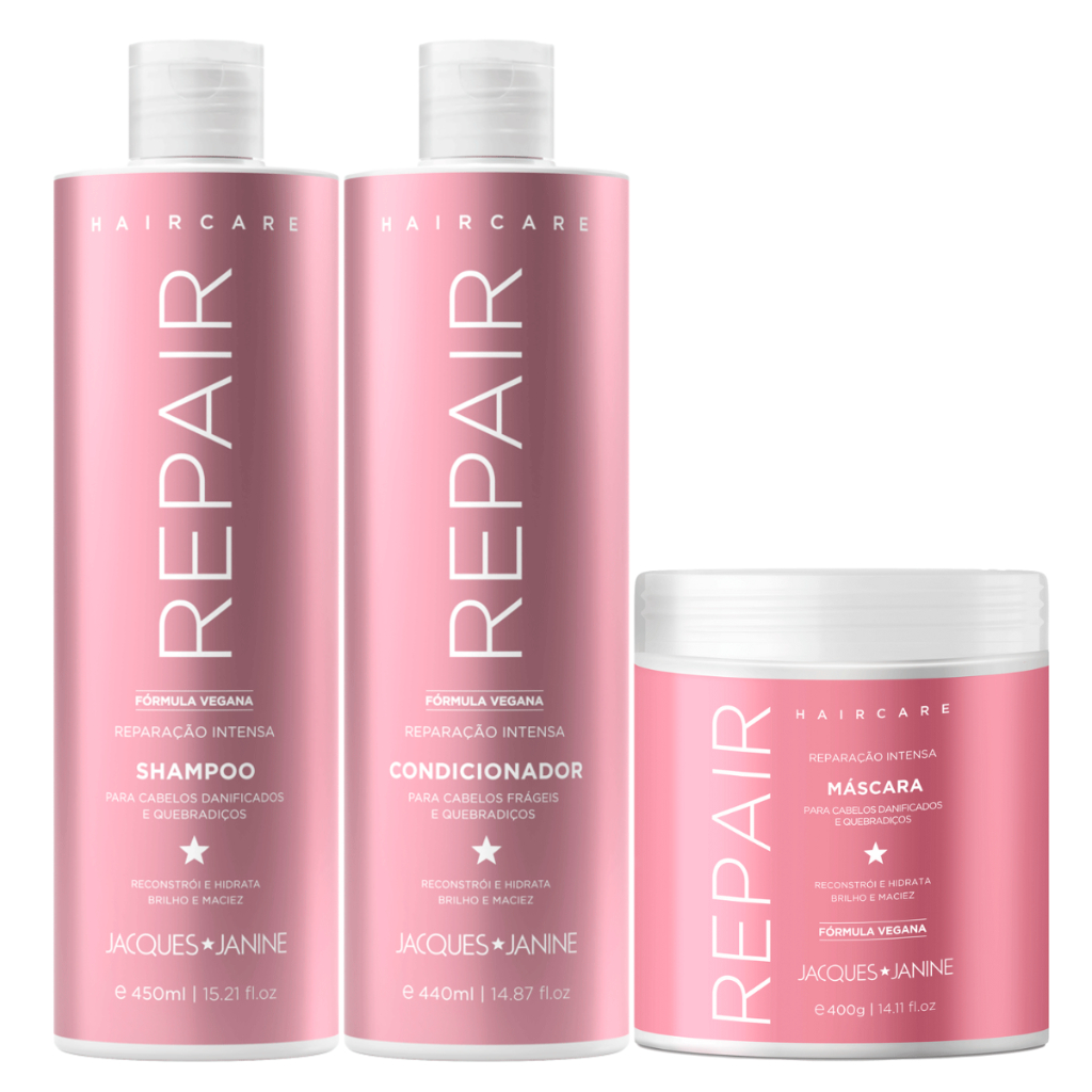 Kit Jacques Janine Hair Care Repair Shampoo 450ml Condicionador 440ml Máscara Reconstrução 400g Kit Jacques Janine Hair Care Repair Shampoo 450ml Condicionador 440ml Máscara Reconstrução 400g