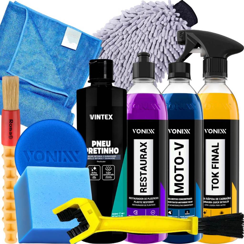 Kit para Lavar Moto Tok Final Moto-V Restaurax Pneu Pretinho Vonixx Kit para Lavar Moto Tok Final Moto-V Restaurax Pneu Pretinho Vonixx