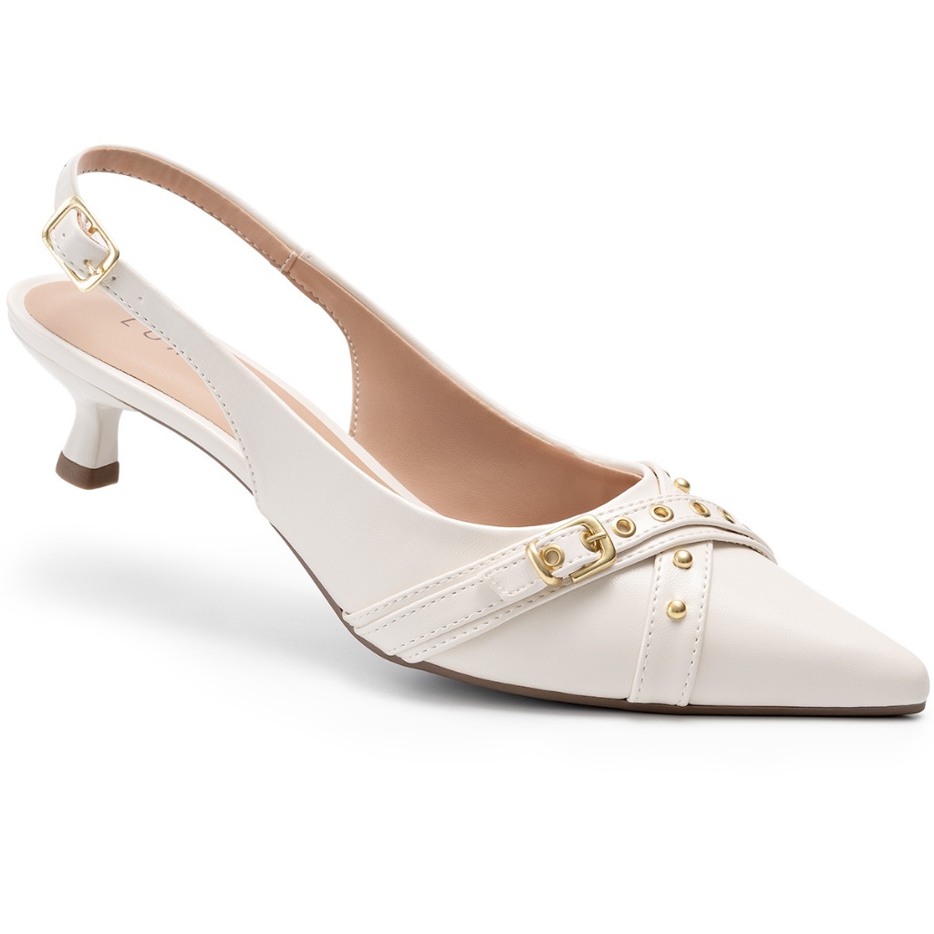 Scarpin Feminino Lumiss Salto Fino Baixo Tachas Bico Fino Off White Scarpin Feminino Lumiss Salto Fino Baixo Tachas Bico Fino Off White