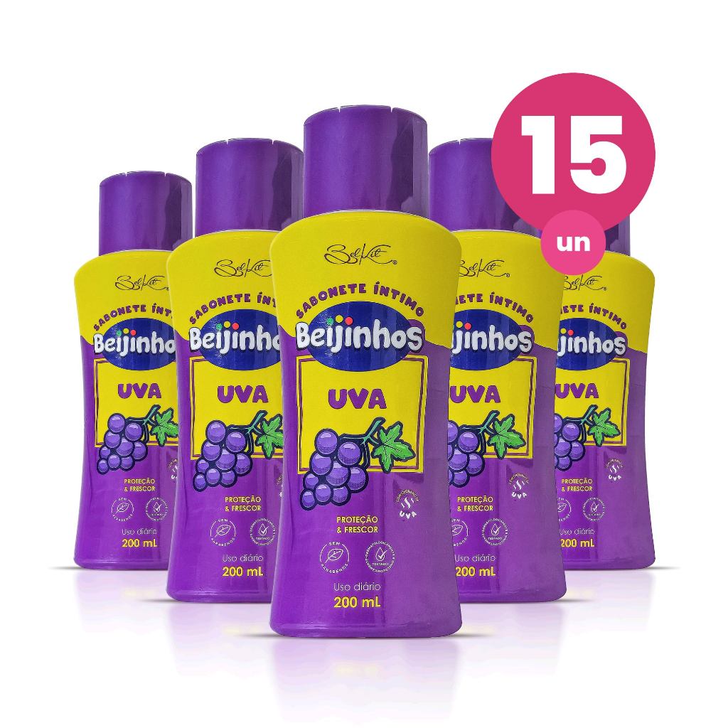 Kit 15 Sabonete Íntimo Feminino Uva Beijinhos Proteção e Frescor 200ml Belkit Kit 15 Sabonete Íntimo Feminino Uva Beijinhos Proteção e Frescor 200ml Belkit