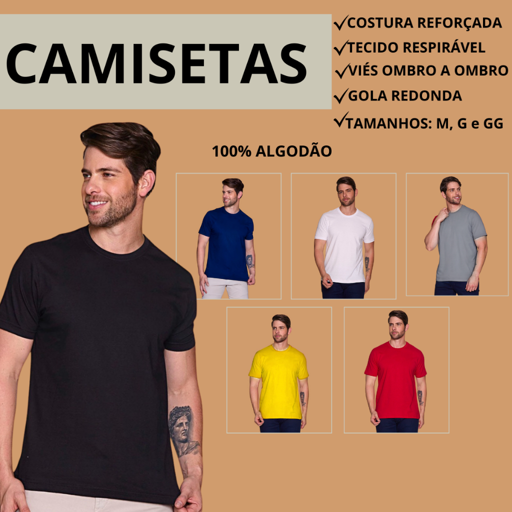 Camiseta Basica lisa 100% Algodão Masculina Unissex Confortavel Academia esporte Camiseta Basica lisa 100% Algodão Masculina Unissex Confortavel Academia esporte