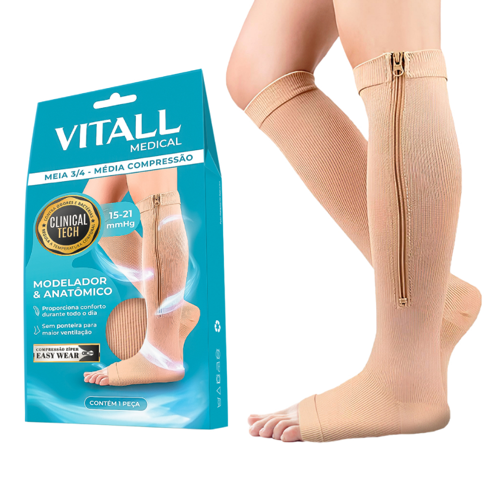 Par Meias Média Compressão Vitall Varizes Pernas Cansadas Inchaço Dores 3/4 Zíper 15-21 mmHg Unissex Par Meias Média Compressão Vitall Varizes Pernas Cansadas Inchaço Dores 3/4 Zíper 15-21 mmHg Unissex