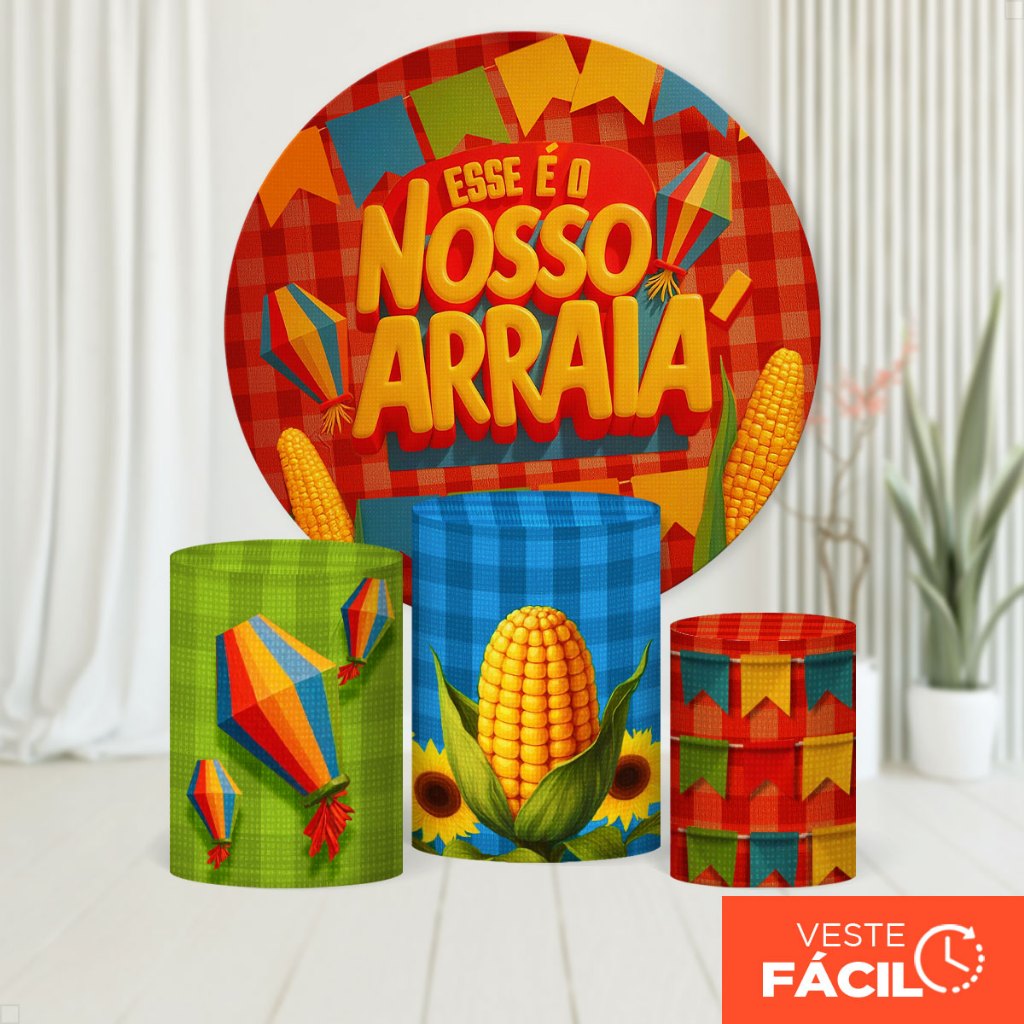 Trio Capas Cilindros Juninos E Painel Redondo Decoração Festa Junina Arraiá Tecido Veste Fácil – KIT-2624 Trio Capas Cilindros Juninos E Painel Redondo Decoração Festa Junina Arraiá Tecido Veste Fácil – KIT-2624