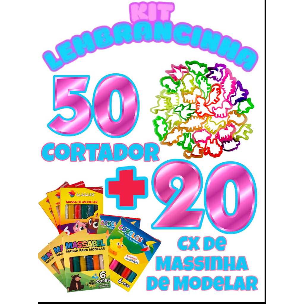 Kit 20 Caixinhas Massinha de Modelar + 50 Cortador Forminha Molde de Massinha Lembrancinha Prenda Kit 20 Caixinhas Massinha de Modelar + 50 Cortador Forminha Molde de Massinha Lembrancinha Prenda