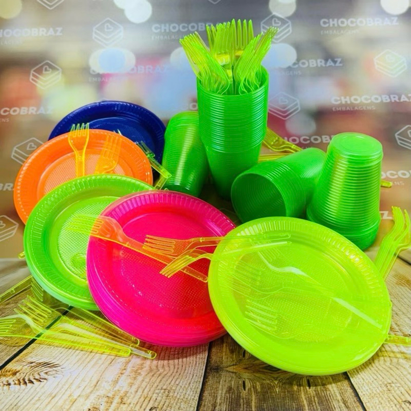 Kit Descartáveis para Festa 50~ 200 Pessoas Econômico NEON Garfo Prato e Copo Descartável