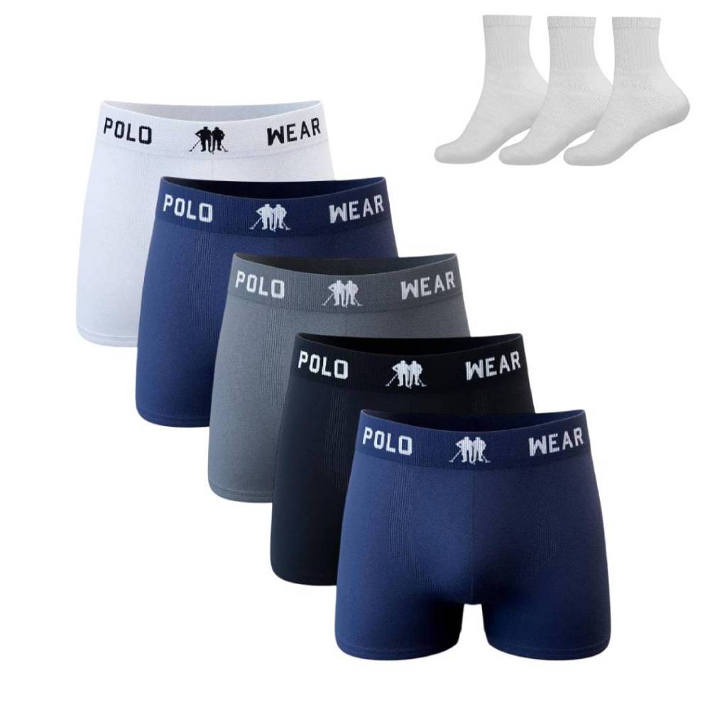 Kit 5 Cueca Boxer Polo Wear Microfibra Sortido + 3 Meias M15 Kit 5 Cueca Boxer Polo Wear Microfibra Sortido + 3 Meias M15
