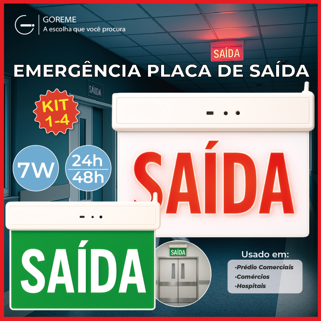 1-4 Placa Sinalizadora Dupla Saída Led 7W Vermelho ou Verde com Autonomia 5h 110V/220V 1-4 Placa Sinalizadora Dupla Saída Led 7W Vermelho ou Verde com Autonomia 5h 110V/220V