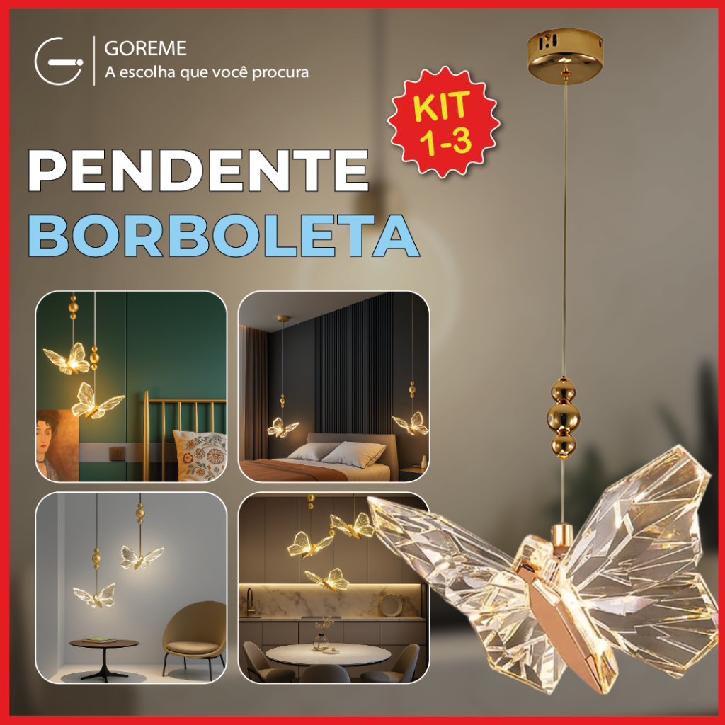 Luminária Pendente Lustre Borboleta de Luxo Cristal Dourada Moderna 3 Tons de Luz Bivolt Luminária Pendente Lustre Borboleta de Luxo Cristal Dourada Moderna 3 Tons de Luz Bivolt