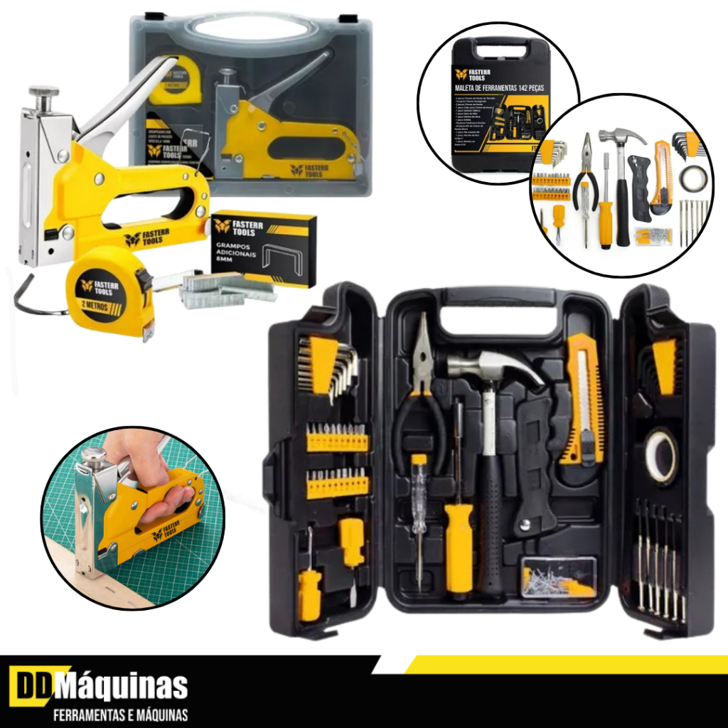 Kit de Ferramentas 142 Peças + Grampeador Manual + 500 Grampos + Trena + Maleta – Fasterr Kit de Ferramentas 142 Peças + Grampeador Manual + 500 Grampos + Trena + Maleta – Fasterr