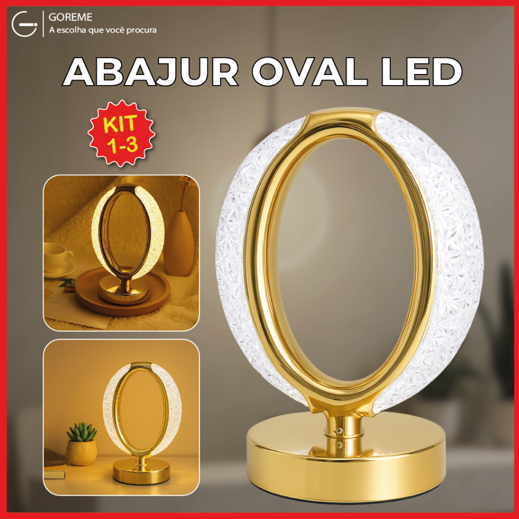 Luminária Abajur Oval de Cristal Luxuoso Dourado Led Moderno 3 Tons de Luz via USB Bivolt Luminária Abajur Oval de Cristal Luxuoso Dourado Led Moderno 3 Tons de Luz via USB Bivolt