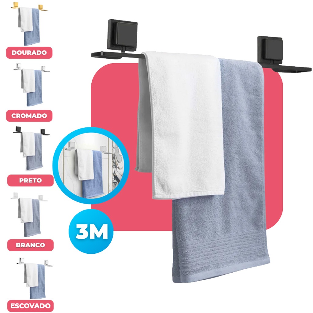 Suporte Porta Toalha Toalheiro Banho Para Banheiro Fixação Sem Furo Dupla Face 3M Preto Black Arthi Suporte Porta Toalha Toalheiro Banho Para Banheiro Fixação Sem Furo Dupla Face 3M Preto Black Arthi
