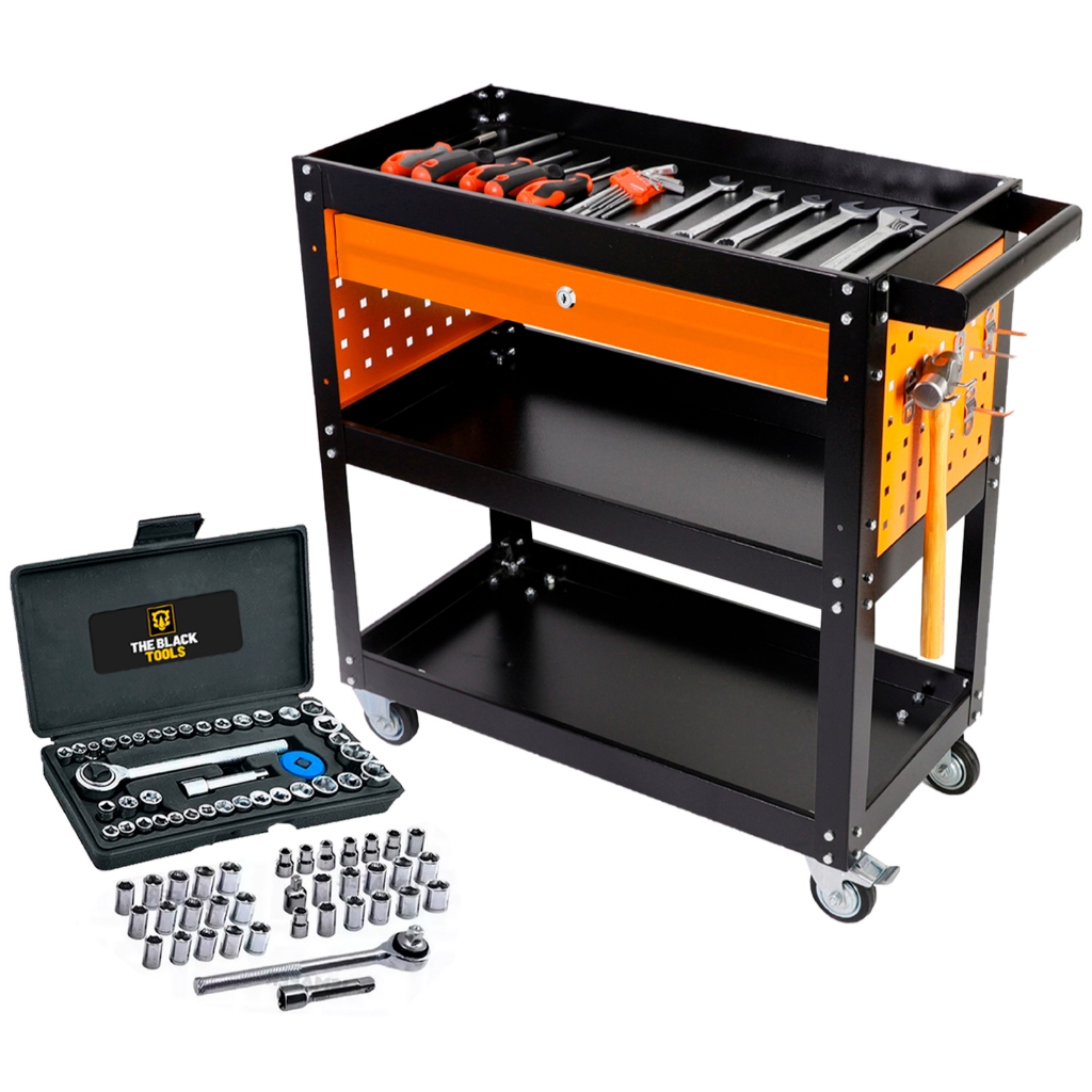 Carrinho Ferramentas Mecânico 1 Gaveta 120kg Organizador + Jogo Soquetes 40 Peças The Black Tools