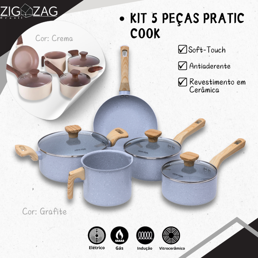 Kit 5 Panelas Pratic Cook em Cerâmica Antiaderente | Para fogões Vitrocerâmico, Indução, Gás e Elétrico Kit 5 Panelas Pratic Cook em Cerâmica Antiaderente | Para fogões Vitrocerâmico, Indução, Gás e Elétrico