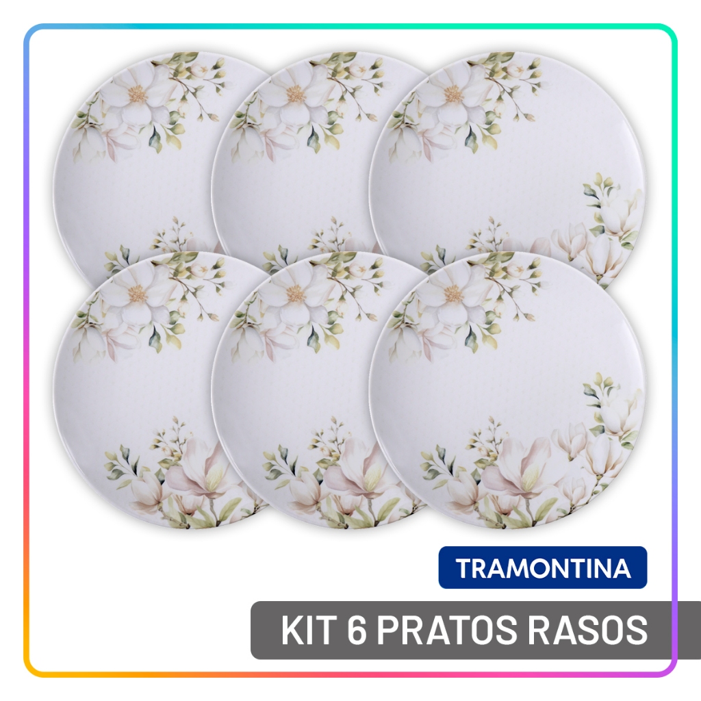 Aparelho de Jantar Jogo de Pratos Rasos 28 cm Tramontina Magnólia em Porcelana Decorada 6 Peças Aparelho de Jantar Jogo de Pratos Rasos 28 cm Tramontina Magnólia em Porcelana Decorada 6 Peças