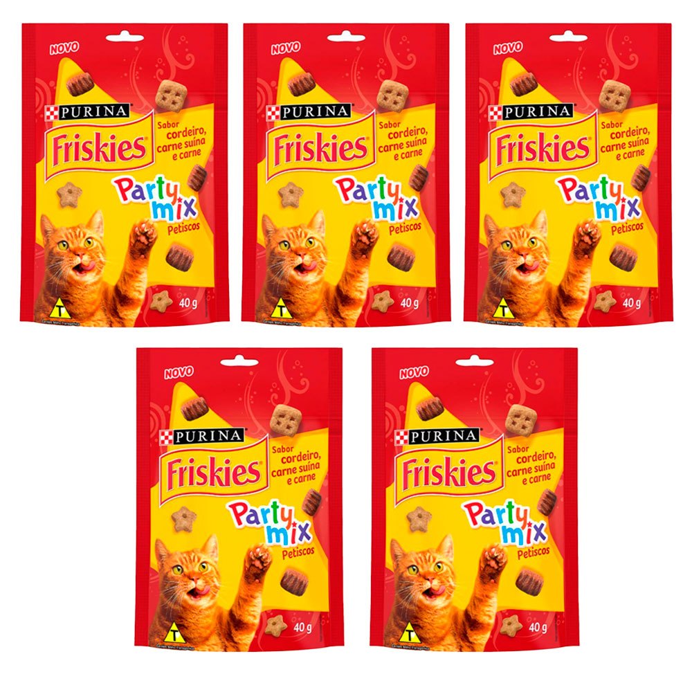 Kit com 5 Petisco Friskies Gatos Adultos Cordeiro, Carne Suína e Carne 40g Kit com 5 Petisco Friskies Gatos Adultos Cordeiro, Carne Suína e Carne 40g