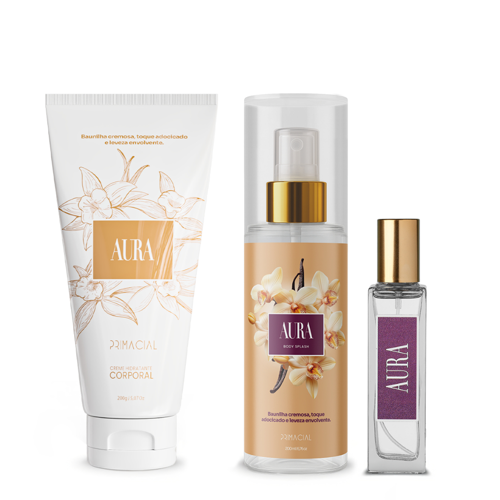 KIT FEMININO AURA CREME HIDRATANTE 200G + BODY SPLASH 200ML + PERFUME 30ML – PRIMACIAL PERFUME GOURMAND BAUNILHA KIT FEMININO AURA CREME HIDRATANTE 200G + BODY SPLASH 200ML + PERFUME 30ML – PRIMACIAL PERFUME GOURMAND BAUNILHA