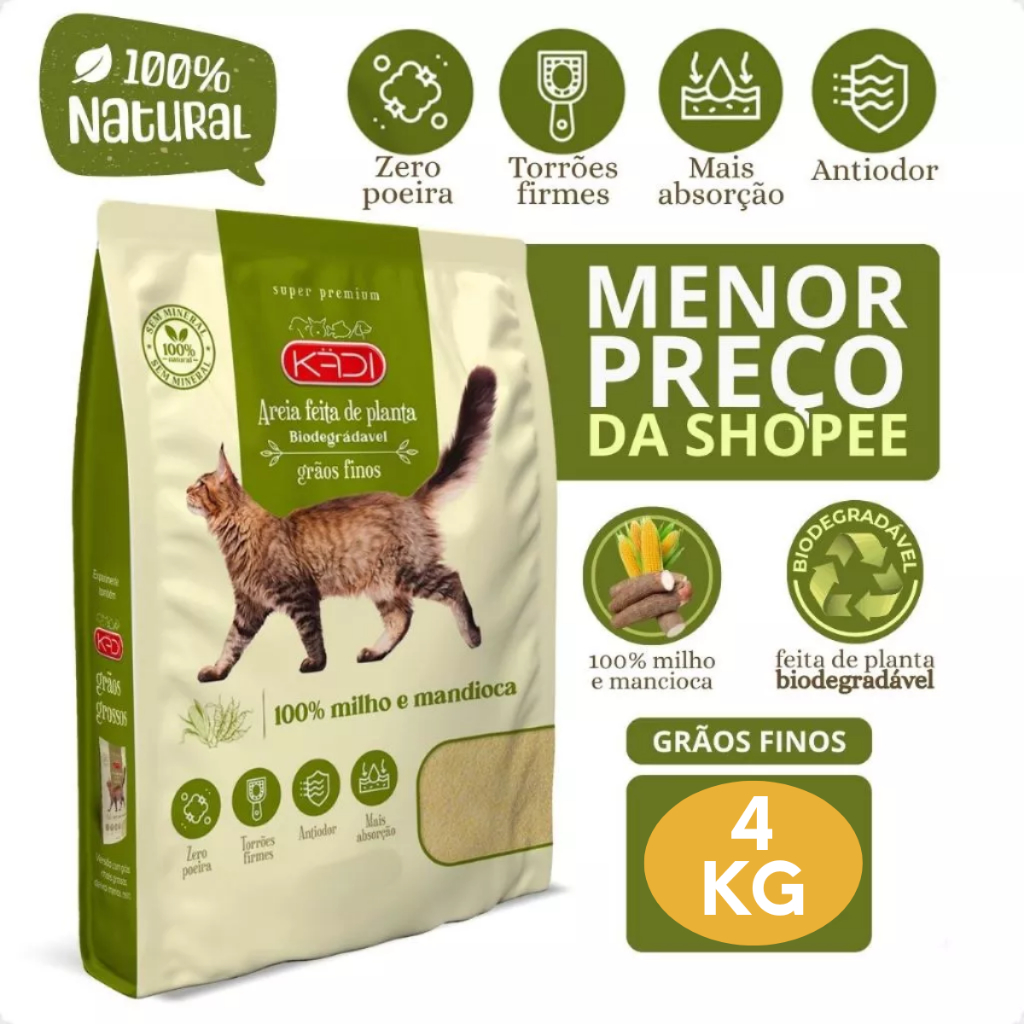 Kadi Areia Biodegradável Grãos Fino Gato 4kg Milho Mandioca 4 kg Cat Gatos Grao Finos Bio Verde Kadi Areia Biodegradável Grãos Fino Gato 4kg Milho Mandioca 4 kg Cat Gatos Grao Finos Bio Verde