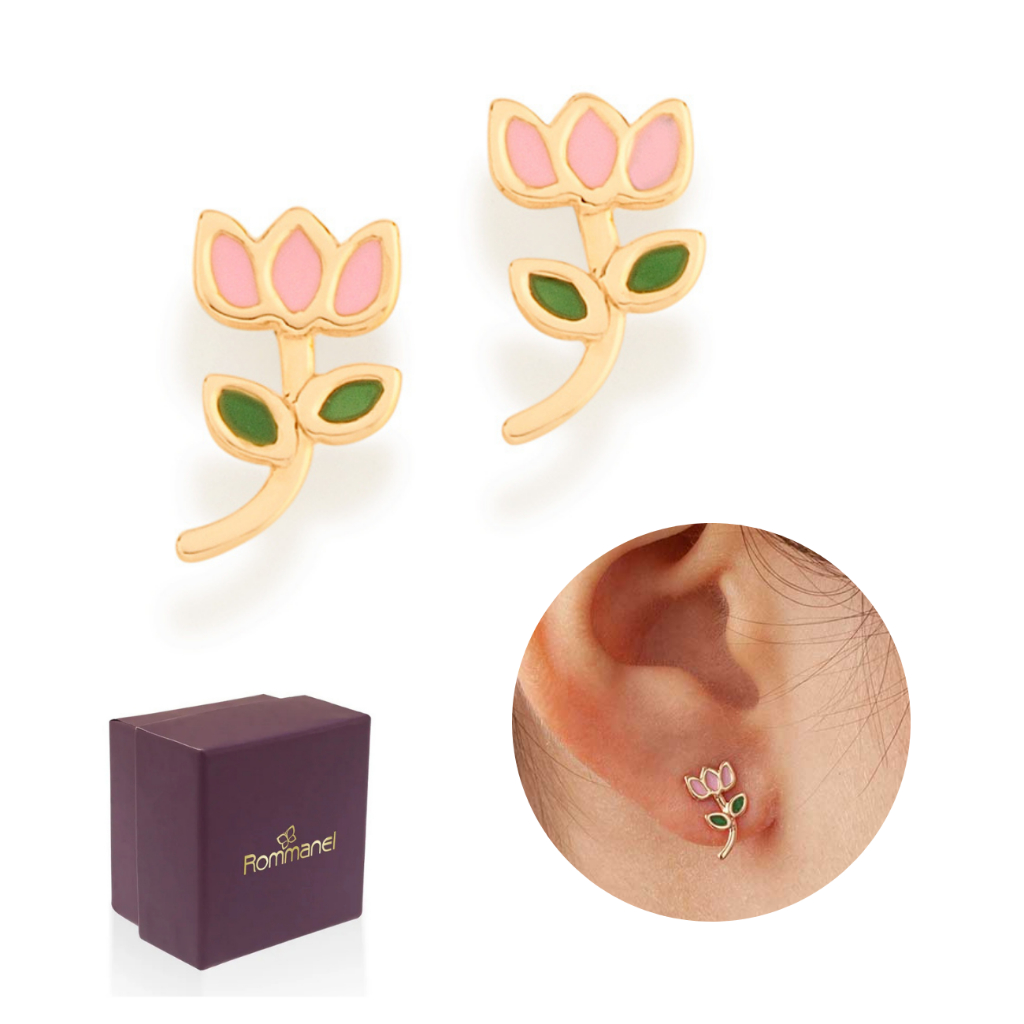Brinco Infantil Rommanel Flor Tulipa Banhado Ouro 18k 526501 Brinco Infantil Rommanel Flor Tulipa Banhado Ouro 18k 526501