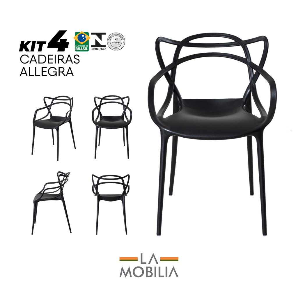 Kit 4 Cadeiras Allegra Preto Polipropileno Ergonômica Empilhável La Mobilia Kit 4 Cadeiras Allegra Preto Polipropileno Ergonômica Empilhável La Mobilia