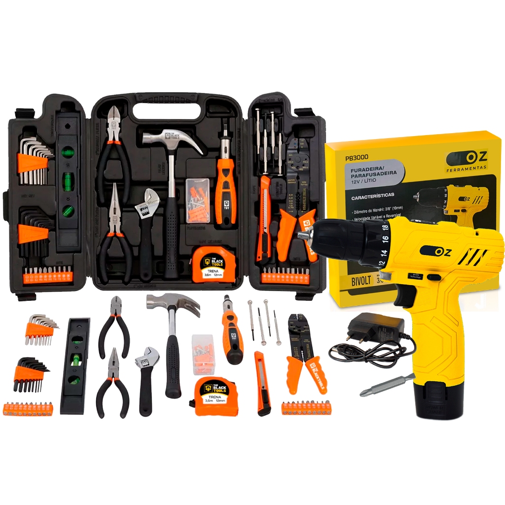 Kit Jogo De Ferramentas 129 Pçs e Maleta The Black Tools + Parafusadeira Furadeira 12v 3/8 Pb3000 Oz Kit Jogo De Ferramentas 129 Pçs e Maleta The Black Tools + Parafusadeira Furadeira 12v 3/8 Pb3000 Oz