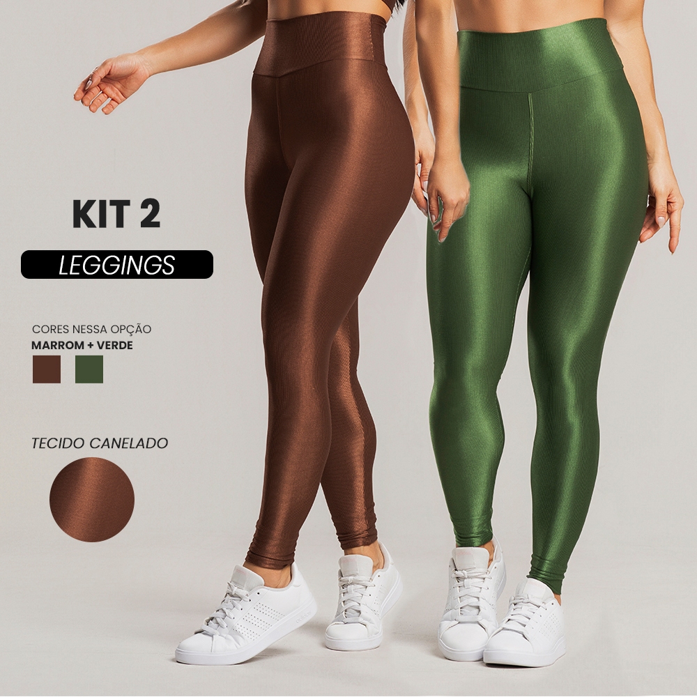 Kit 2 Calças Legging Fitness Feminina – Cós Alto Trilobal Canelada Cintura Alta Brilho Academia Kit 2 Calças Legging Fitness Feminina – Cós Alto Trilobal Canelada Cintura Alta Brilho Academia