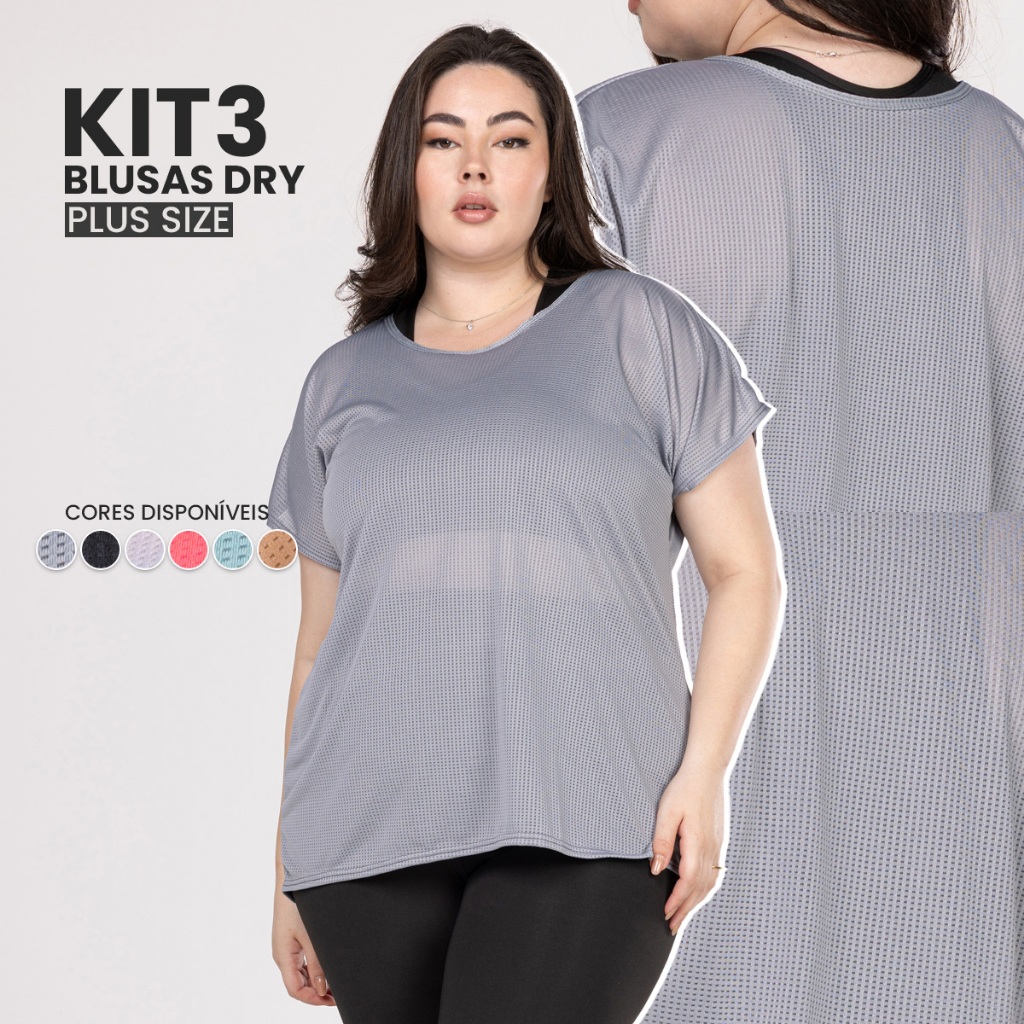Kit 3 Blusas Plus Size Fitness Dry – Camisetas Academia, Musculação e Caminhada Confortáveis