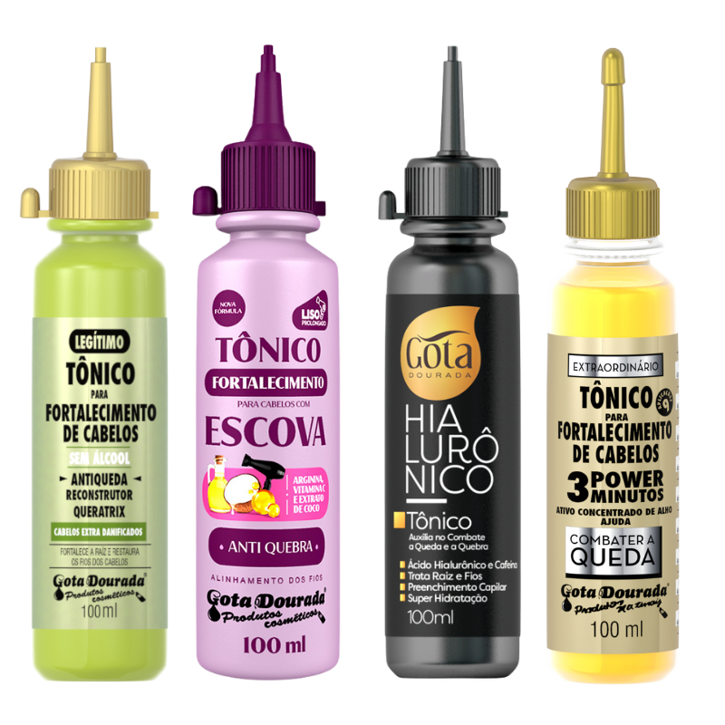 Kit Tônicos Capilares Gota Dourada – Combate a queda, Antiqueda, Escova e Hialurônico Kit Tônicos Capilares Gota Dourada – Combate a queda, Antiqueda, Escova e Hialurônico
