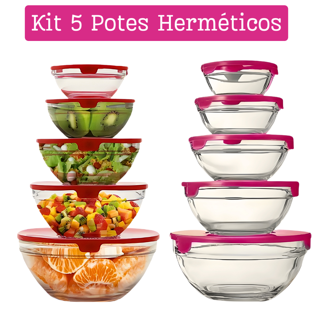 Conjunto Tigela De Vidro Bowl Marmita Com Tampa 5 Potes Com Tampa Conserva O Alimento Conjunto Tigela De Vidro Bowl Marmita Com Tampa 5 Potes Com Tampa Conserva O Alimento