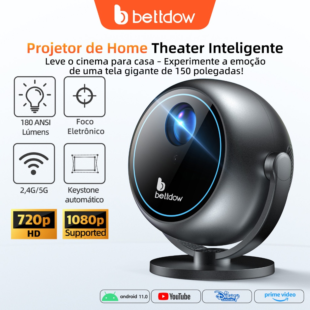 Projetor portátil BETTDOW, projetor de domo 360° 1080P 180ANSI, Bluetooth 5.0, Netflix grátis, foco motorizado rotativo Projetor portátil BETTDOW, projetor de domo 360° 1080P 180ANSI, Bluetooth 5.0, Netflix grátis, foco motorizado rotativo