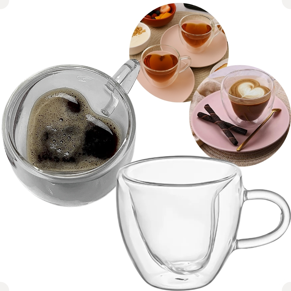 Conjunto Caneca Xicara Vidro Borossilicato Incolor Parede Dupla Coração 230 ml 2 Peças da Hauskraft. Conjunto Caneca Xicara Vidro Borossilicato Incolor Parede Dupla Coração 230 ml 2 Peças da Hauskraft.