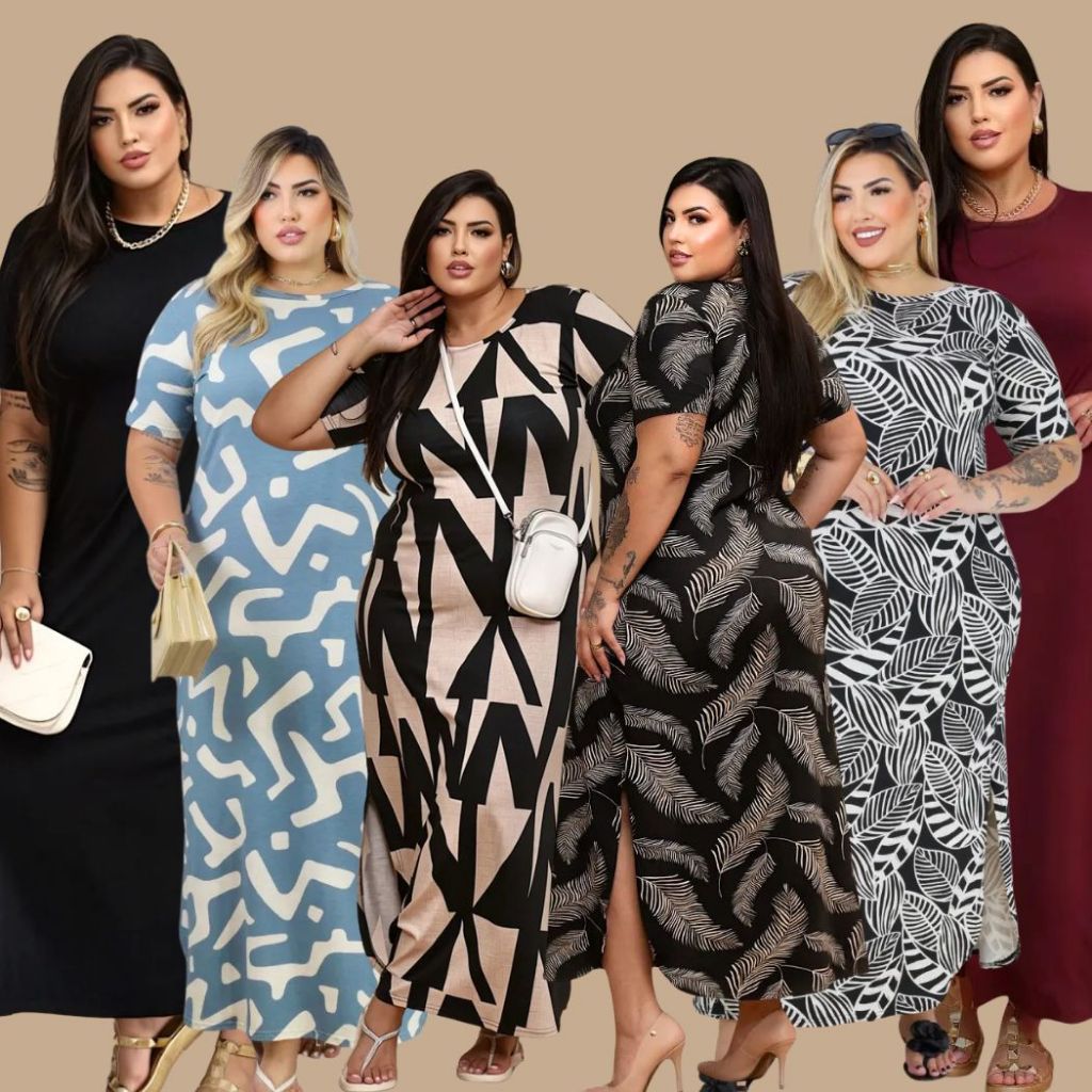 Vestido Longo Curve Curvy Plus size moda evangélica com fenda estampado e liso do 44 ao 58 Casual Vestido Longo Curve Curvy Plus size moda evangélica com fenda estampado e liso do 44 ao 58 Casual