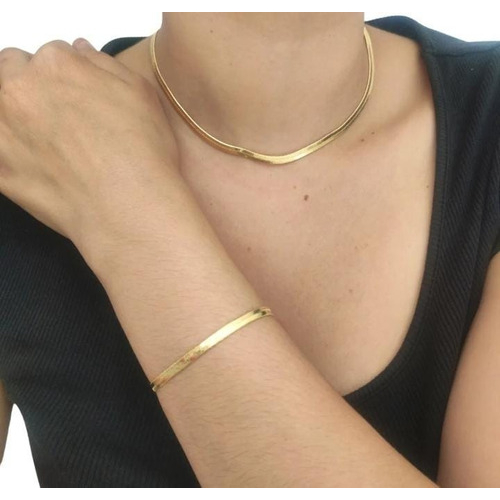 Conjunto Feminino Colar Choker Gargantilha Fita Laminada Banhada + Pulseira Conjunto Feminino Colar Choker Gargantilha Fita Laminada Banhada + Pulseira