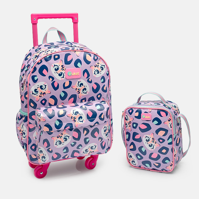 Kit Mochila de Rodinhas Infantil Menina Escolar 18L + Lancheira Térmica Estampa Onça Puket Kit Mochila de Rodinhas Infantil Menina Escolar 18L + Lancheira Térmica Estampa Onça Puket