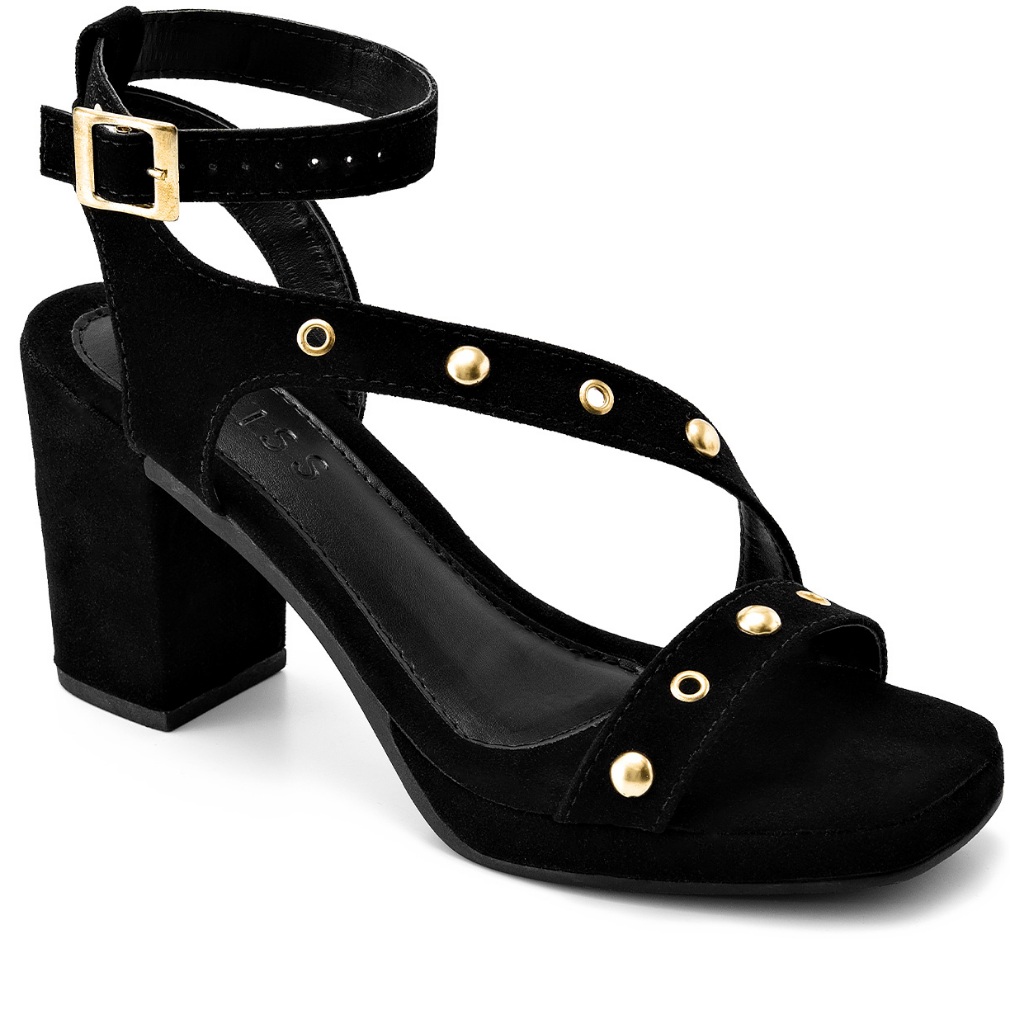 Sandália Feminina Meia Pata Lumiss Salto Alto Bloco Camurça Tachas Dourada Preto Sandália Feminina Meia Pata Lumiss Salto Alto Bloco Camurça Tachas Dourada Preto