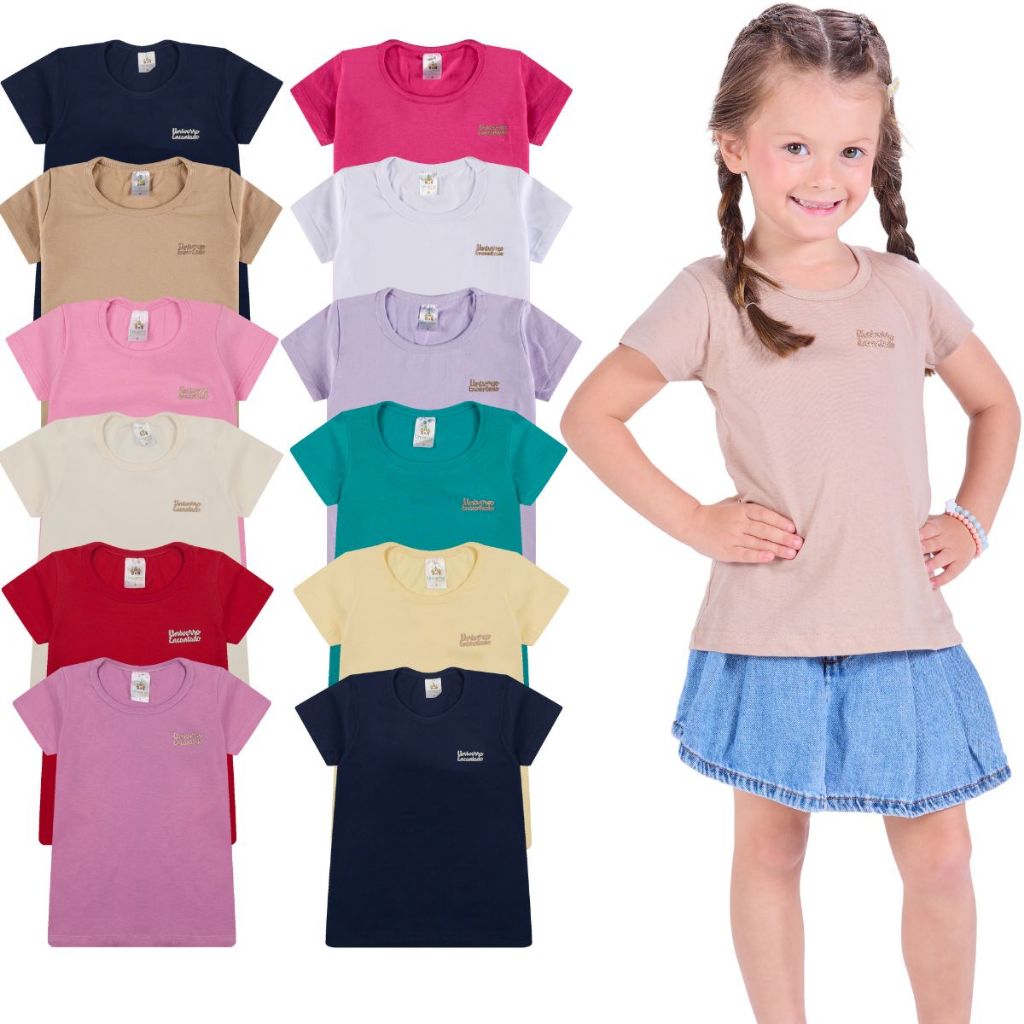 Kit 2, 6 ou 8 Blusas Infantis Manga Curta para Bebê Menina 100% Algodão Moda Infantil Feminina Lisa Coloridas Kit 2, 6 ou 8 Blusas Infantis Manga Curta para Bebê Menina 100% Algodão Moda Infantil Feminina Lisa Coloridas