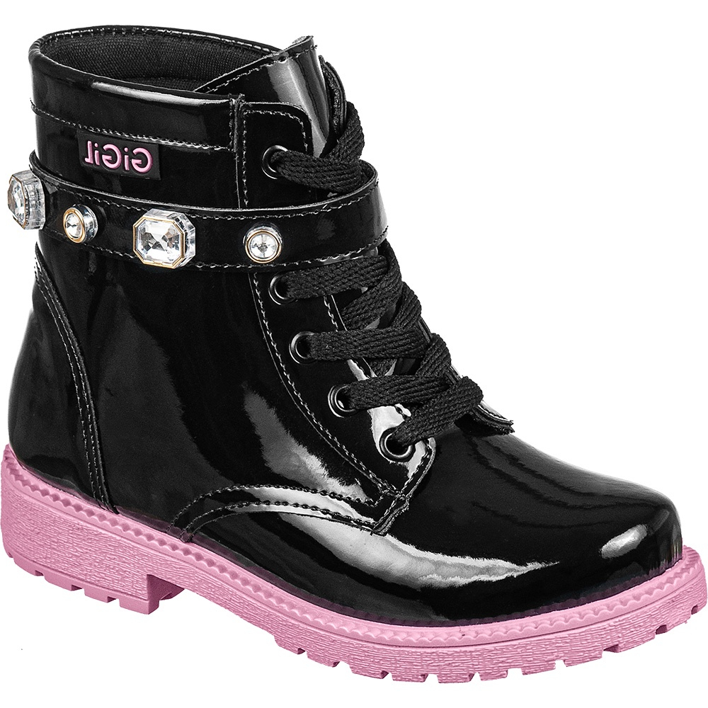 Bota Montaria GiGiL Teen Infantil Coturno Sola Colorida Rosa Menina Cano Curto Tira Strass Confortável Moda Atual Bota Montaria GiGiL Teen Infantil Coturno Sola Colorida Rosa Menina Cano Curto Tira Strass Confortável Moda Atual