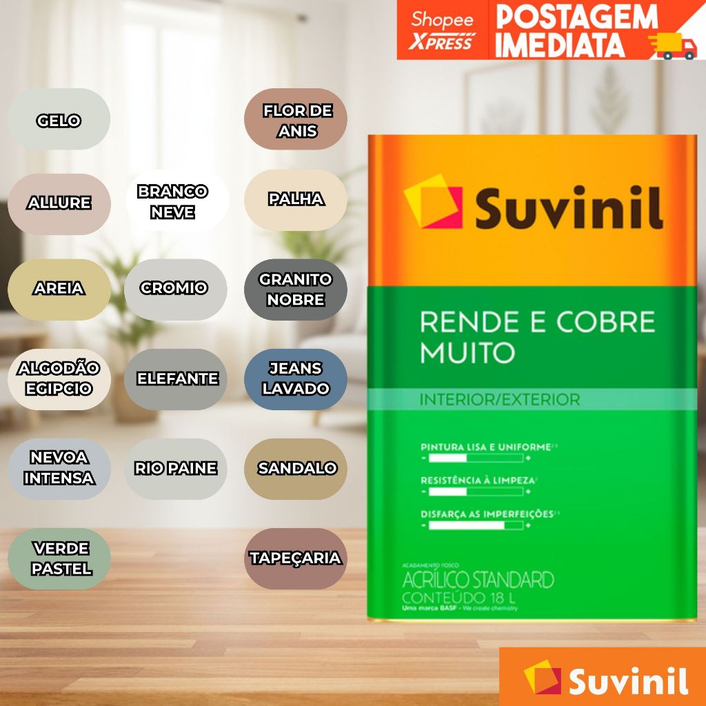 TINTA RENDE E COBRE MUITO SUVINIL 18L – VÁRIAS CORES TINTA RENDE E COBRE MUITO SUVINIL 18L – VÁRIAS CORES