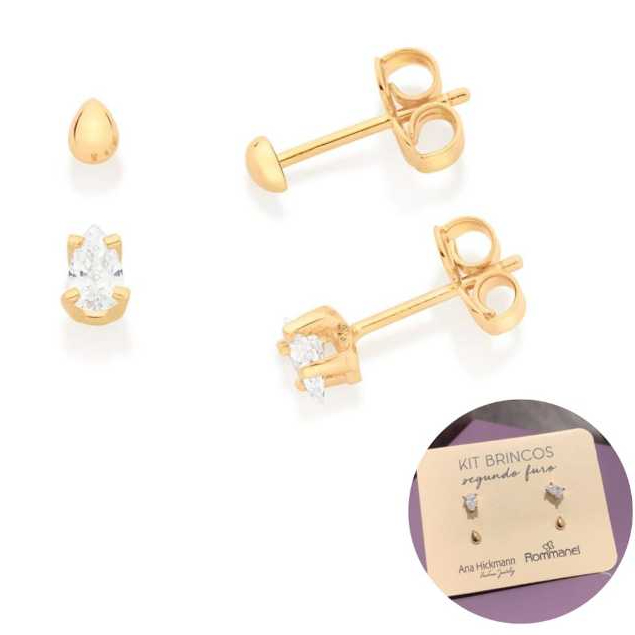 Kit Brincos Solitários Rommanel Ana Hickmann Folheado 526962 Kit Brincos Solitários Rommanel Ana Hickmann Folheado 526962
