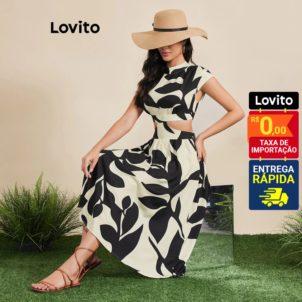Lovito Vestido em A Longo com Recortes Geométricos Estampa Folhagem Feminino DRB3BR152 Lovito Vestido em A Longo com Recortes Geométricos Estampa Folhagem Feminino DRB3BR152