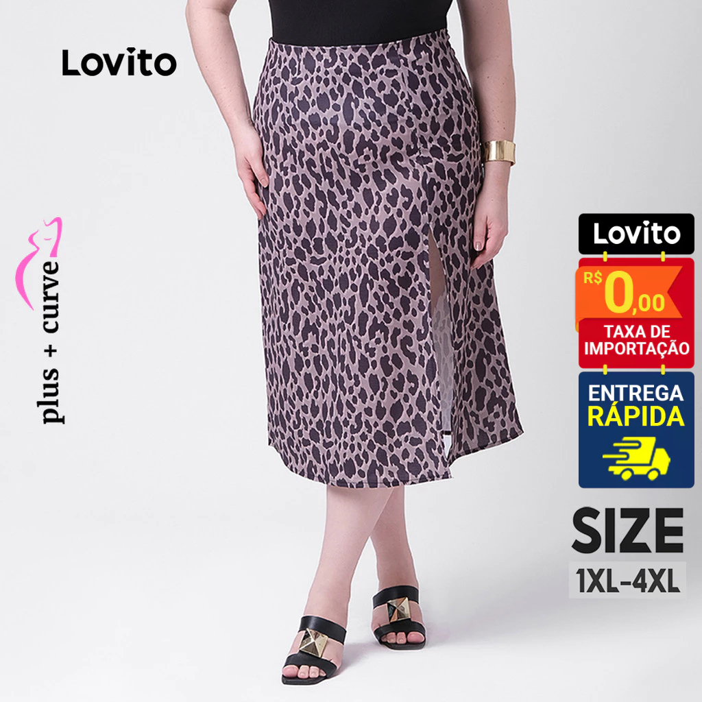 Lovito Saia Feminina Midi Estampa Animal Print Plus Size SKB129BRL158 Lovito Saia Feminina Midi Estampa Animal Print Plus Size SKB129BRL158
