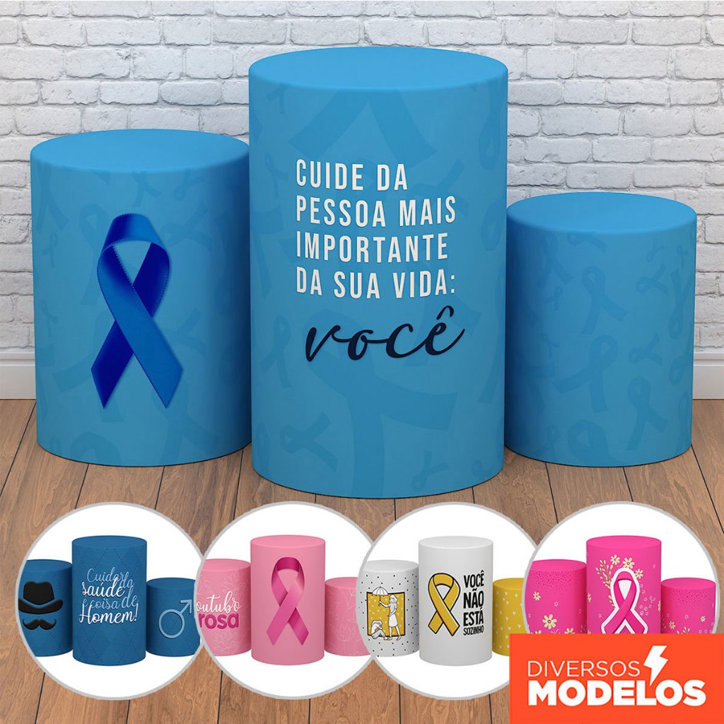 Trio Capa Cilindro Decoração Outubro Rosa/Novembro Azul Conscientização em Tecido com Elástico Trio Capa Cilindro Decoração Outubro Rosa/Novembro Azul Conscientização em Tecido com Elástico