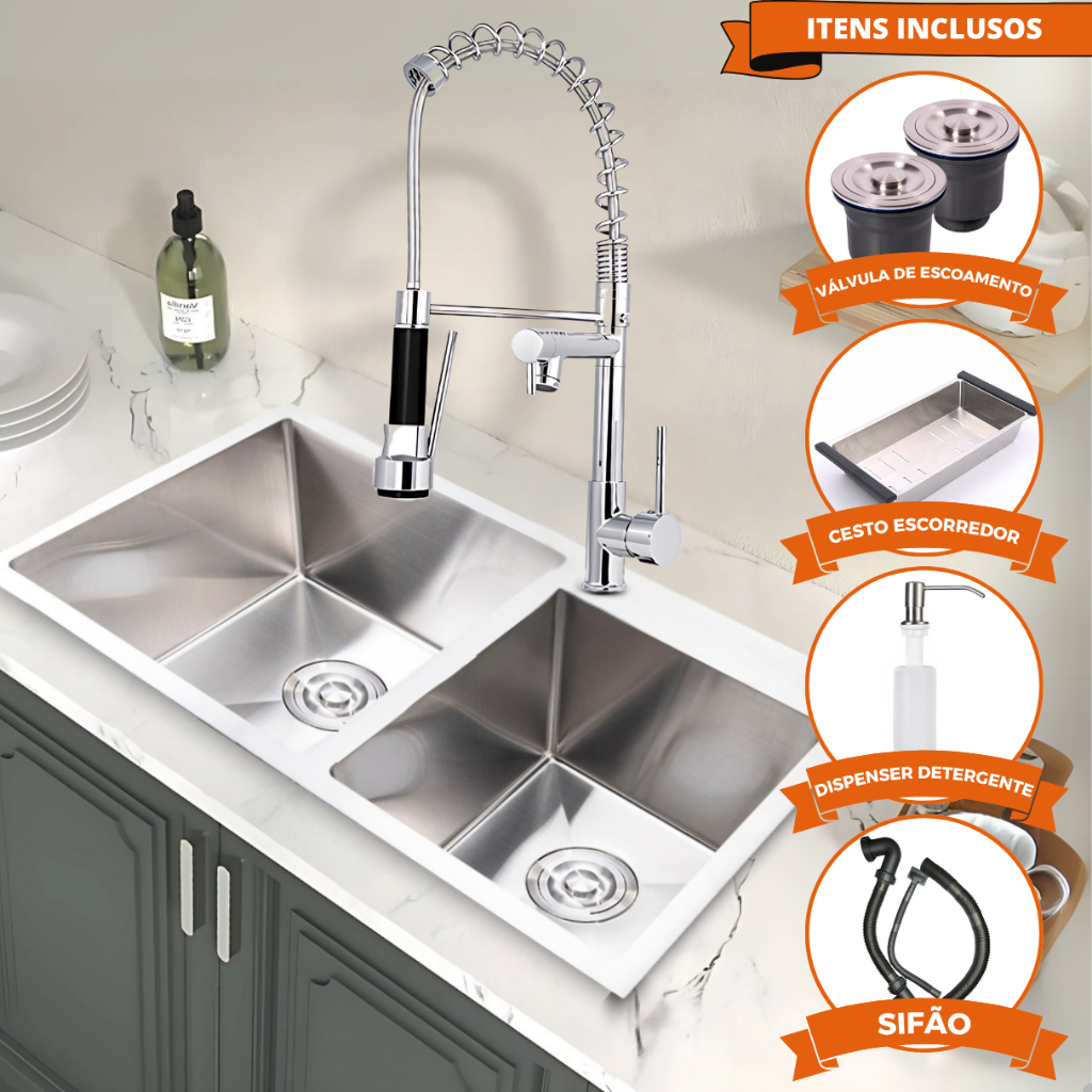 Cuba Pia Gourmet Cozinha Dupla Escovada Inox Com Torneira Monocomando 2 Saídas Cromada Cuba Pia Gourmet Cozinha Dupla Escovada Inox Com Torneira Monocomando 2 Saídas Cromada