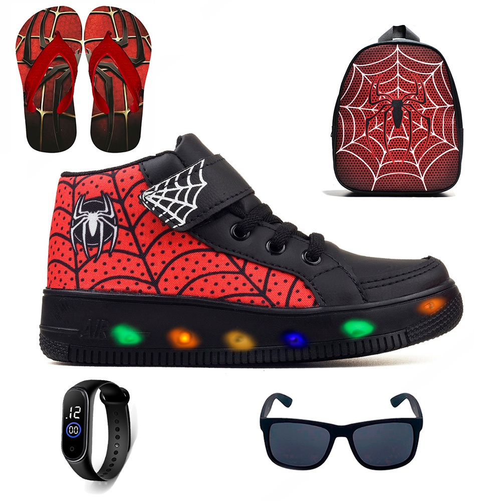 Kit Tenis Botinha de Led Meninos Cano Alto Aranha Ajuste Facil + Mochila Chinelo Oculos e Relogio