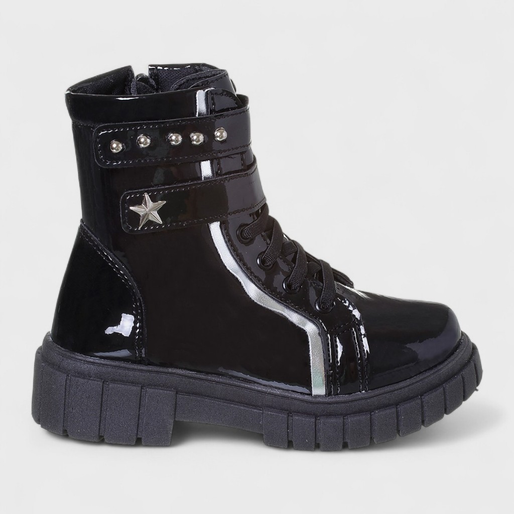 Bota Infantil Coturno Menina Com Fechamento Duplo Confortável Original Preto Verniz Bota Infantil Coturno Menina Com Fechamento Duplo Confortável Original Preto Verniz