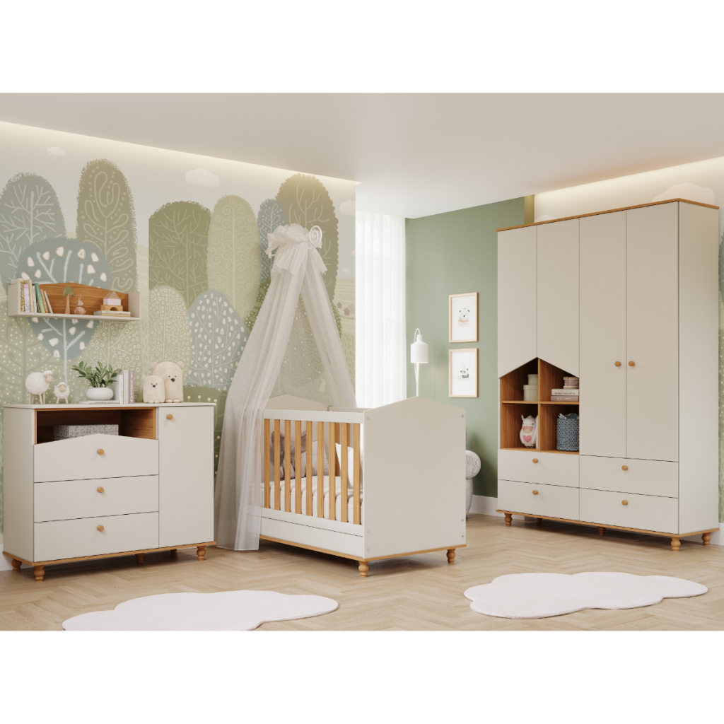 Quarto bebê Completo Berço Americano 3 em 1 Guarda roupas 4 Portas Cômoda 1 Porta 100% MDF Quarto bebê Completo Berço Americano 3 em 1 Guarda roupas 4 Portas Cômoda 1 Porta 100% MDF