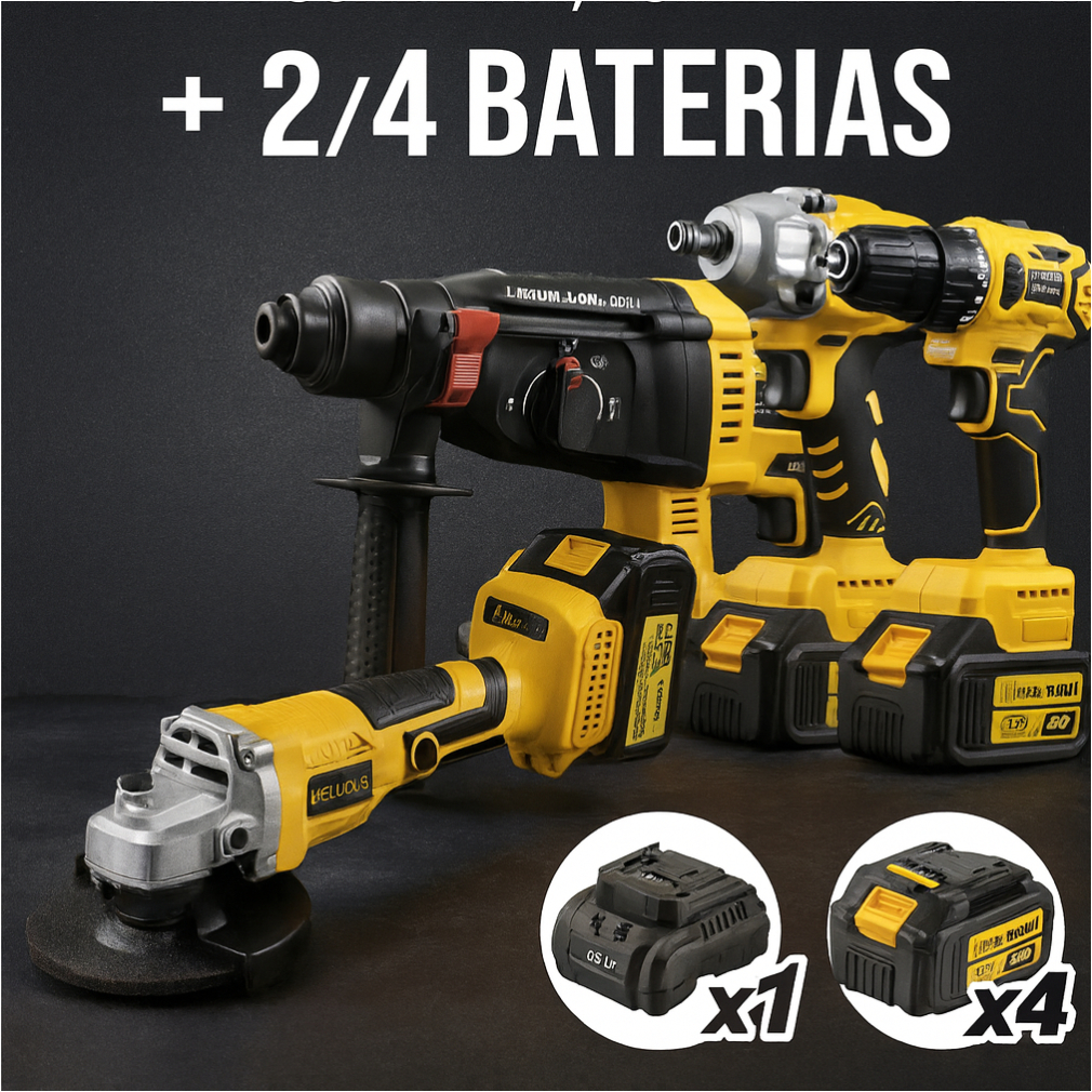 Kit Profissional 4 em 1 48V: Furadeira, Chave de Impacto, Esmerilhadeira, Parafusadeira + 2/4 Baterias Kit Profissional 4 em 1 48V: Furadeira, Chave de Impacto, Esmerilhadeira, Parafusadeira + 2/4 Baterias