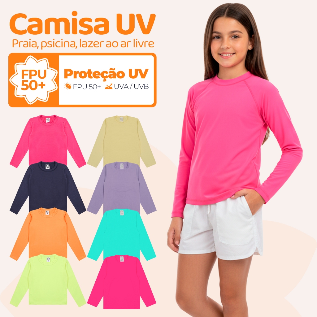 Kit 2, 3 ou 4 Camiseta Termica Infantil Menina Proteção Solar Moda Praia Feminina Manga Longa Kit 2, 3 ou 4 Camiseta Termica Infantil Menina Proteção Solar Moda Praia Feminina Manga Longa