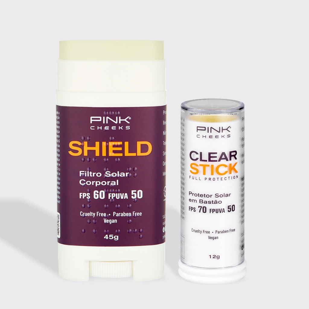 Protetor Solar Facial e Corporal Clear Stick e Shield Proteção Total PINK CHEEKS Protetor Solar Facial e Corporal Clear Stick e Shield Proteção Total PINK CHEEKS