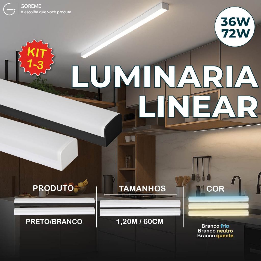 Luminária Linear Inteligente 72W 36W Preto ou Branco 120CM 60CM 3 Tons de Luz Bivolt Luminária Linear Inteligente 72W 36W Preto ou Branco 120CM 60CM 3 Tons de Luz Bivolt